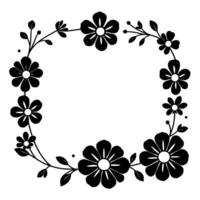 floral black and white illustration a delicate frame of stylized flowers, leaves, and branches in a circular border . vector