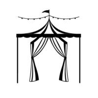 simple black and white circus tent illustration with draped curtains, string lights, and a flag atop, set against a white background. vector