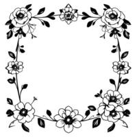 elegant floral wreath in black and white, featuring stylized roses, blossoms, leaves, and vines, creating a classic decorative frame with an open center for text or graphics. vector
