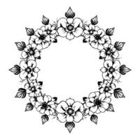 intricate black and white floral wreath illustration, featuring detailed flowers and leaves, creating a symmetrical, elegant circular . vector