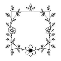 elegant black and white floral frame featuring delicate flowers, leaves, and a square outline, perfect for invitations or artistic projects. vector