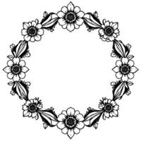intricate floral wreath in bold black and white, featuring stylized flowers and leaves, forming a circular frame with a central open space. vector