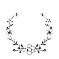 elegant, black and white floral wreath featuring stylized anemonelike blooms, delicate leaves, and stems, creating a circular border. vector