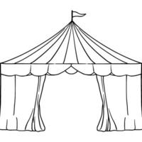 black and white circus tent outline with flag, curtains, and detailed structure, illustration. vector