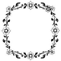 elegant floral wreath with stylized blossoms, leaves, and vines in a symmetrical, black and white, square frame. vector