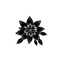 symmetrical black and white floral illustration, showcasing a complex petal arrangement, centered on a plain white background. vector