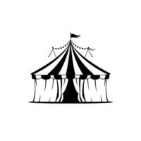 monochrome circus tent illustration with striped roof, pennants, and a flag, set against a white background. vector