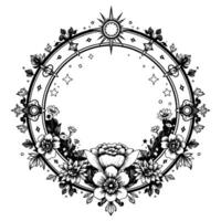 intricate black and white circular floral frame adorned with celestial elements, sun and stars, perfect for invitations and designs. vector