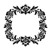 ornate black and white floral wreath with elegant peonies, leaves, and a central rectangular space for text or imagery on a white background. vector