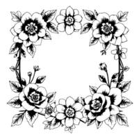 elegant monochrome floral frame with detailed, blooming blossoms and leaves, creating a decorative border on a stark white background. vector