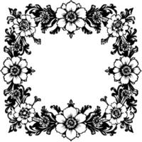 ornate black and white floral border with elaborate leafy swirls and detailed petals forming a decorative square frame. vector