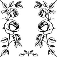 symmetrical black and white rose border with detailed line art, leaves, and negative space vector