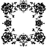 ornate black floral frame on white, illustrative with peonies, leaves, and curved vines forming a symmetrical border. vector