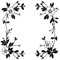 elegant black and white floral corner frame with stylized blossoms, leaves, and vines, creating a minimalist decorative border. vector