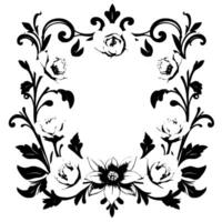 elegant black and white floral frame detailed illustration of roses, leaves, and ornamental vines on a clean white background, creating a decorative border. vector