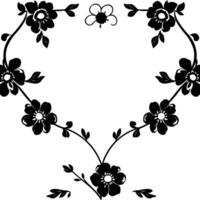 black and white floral frame with heart shape and decorative flower arrangement on white background. vector