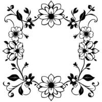 elegant black and white floral frame with daisylike flowers, leaves, and swirls, enclosing a blank space for text. vector