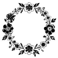 black and white floral wreath illustration with detailed petals, leaves, and branches creating a symmetrical, elegant , suitable for invitations. vector