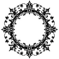 ornate black and white circular frame with detailed floral and scrollwork embellishments. vector