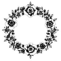 intricate black and white floral wreath detailed botanical illustration with a circular arrangement of stylized flowers, leaves, and stems, creating an elegant frame with an open, blank center. vector