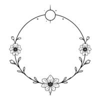 elegant circular floral frame with celestial element in black and white outline, suitable for weddings, invitations, and decorative designs. vector