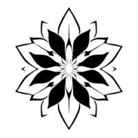 symmetrical black and white floral with detailed petals and a central starburst effect, on a pure white background. vector