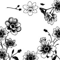 intricate black and white floral with outlined daisies, leaves, and buds forming a decorative border on a white background. vector