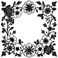 intricate black and white floral frame with detailed flower and leaf outlines, forming a decorative border. vector