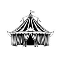 black and white illustration of a classic circus tent with striped canopy, draped curtains, flag on top, and string lights, isolated on white background. vector