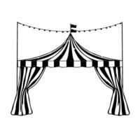 classic circus tent entrance with black and white striped awning, string lights, and draped curtains in a minimalist, line art style. vector