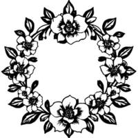 a symmetrical black and white floral wreath illustration, showcasing detailed flower blossoms and leafy branches, creating a circular on a white backdrop. vector