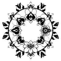 elegant black and white floral mandala circular with intricate flower and leaf elements, symbolic of harmony. vector