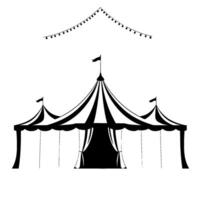 black and white illustration of a vintage circus tent with flags and string lights, set against a clean white backdrop. vector