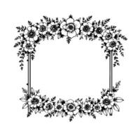elegant monochrome floral frame with stylized open flowers, leaves, and branches, arranged on a decorative structure, isolated on white. vector