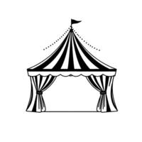 stylized black and white circus tent with striped canopy, curtains, and a flag, on a blank white background. vector