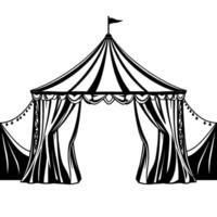 a stark, symmetrical black and white illustration of a classic circus big top tent, complete with draped entrance curtains and string lights. vector