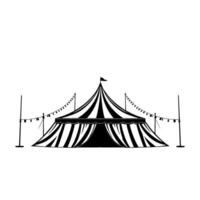 a bold black and white circus tent silhouette, with striped panels, festive string lights, and a minimal aesthetic against a stark white backdrop. vector