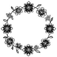 black and white floral wreath with various flower sizes, leafy vines and intricate details on a clean white background vector