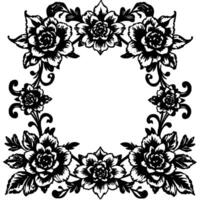 intricate symmetrical floral frame in grayscale, featuring stylized roses, leaves, and delicate swirling tendrils, evoking a sense of elegance. vector