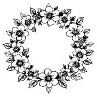 a meticulously rendered monochrome floral wreath composed of blooming flowers and leaves, creating a delicate, circular frame. vector