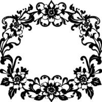 ornate black and white floral frame with symmetrical flower and leaf patterns, centered with empty space for text or elements. vector