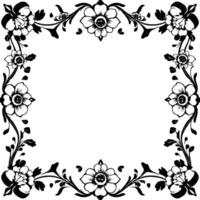 intricate black and white floral frame , with symmetrical arrangement of flowers, leaves, and stems, creating an elegant border. vector