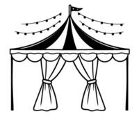 a monochrome illustration of a festive event tent, featuring striped canvas, draped curtains, string lights, and a small triangular flag, evoking a celebratory atmosphere. vector