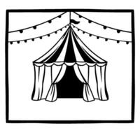 black and white illustration of a circus tent with string lights, framed for a nostalgic, festive vibe. vector