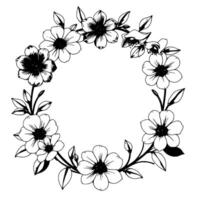 a black and white floral wreath with detailed petals, leaves, and buds, casting gentle shadows on a white background, emphasizing elegance. vector