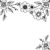 elegant black and white floral frame featuring detailed line art of various flower blossoms and leafy branches, ideal for invitations. vector