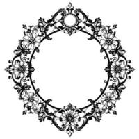 intricate black and white floral decorative frame, circular with ornate flourishes and detailed botanical elements. vector