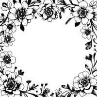elegant black and white floral border with shaded petals and delicate vines framing a blank white center for text. vector