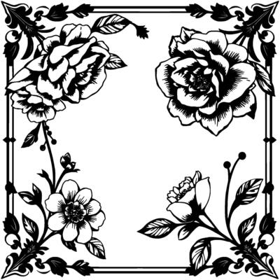 elegant floral border intricate black and white illustration featuring roses, leaves, and decorative frame elements.