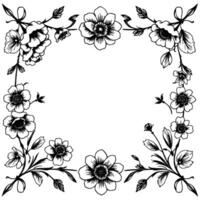 elegant floral border in black and white, featuring detailed line art, surrounding an empty space. vector